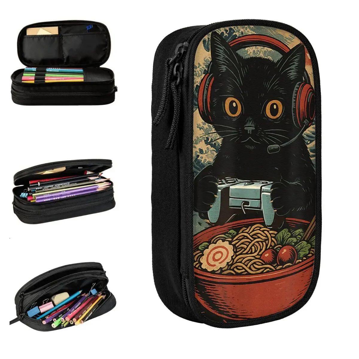 Japanese Black Cat Ramen Pencil Case Cute Kawaii Noodle Cat Pen Box Bag Kids Big Capacity School Supplies Cosmetic Pencilcases