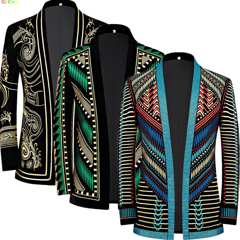 

Spring Men's Black Performance Suit Jacket, Gold Embroidered Formal Outerwear, Corduroy Fabric Top, Asian Sizes Blazers, M-5XL.
