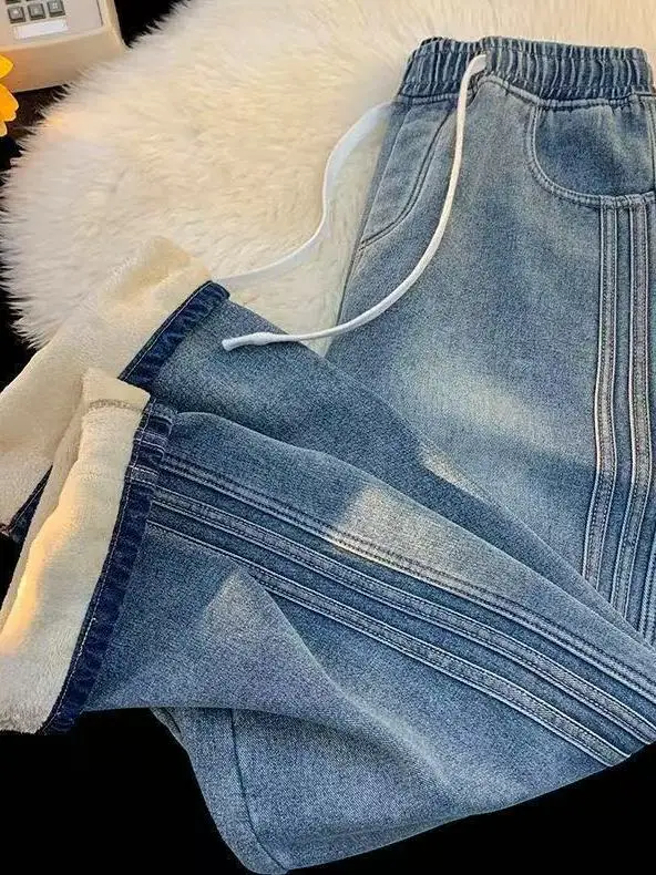 

Женские джинсы на флисовой подкладке, зимние повседневные свободные прямые брюки с завязками на талии, винтажные джинсы