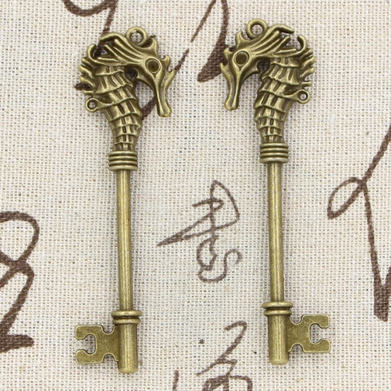 4pcs Charms Hippocampus Vintage Skeleton Key 72x20mm Antique Bronze Silver Color Pendants Making DIY Handmade Tibetan Jewelry