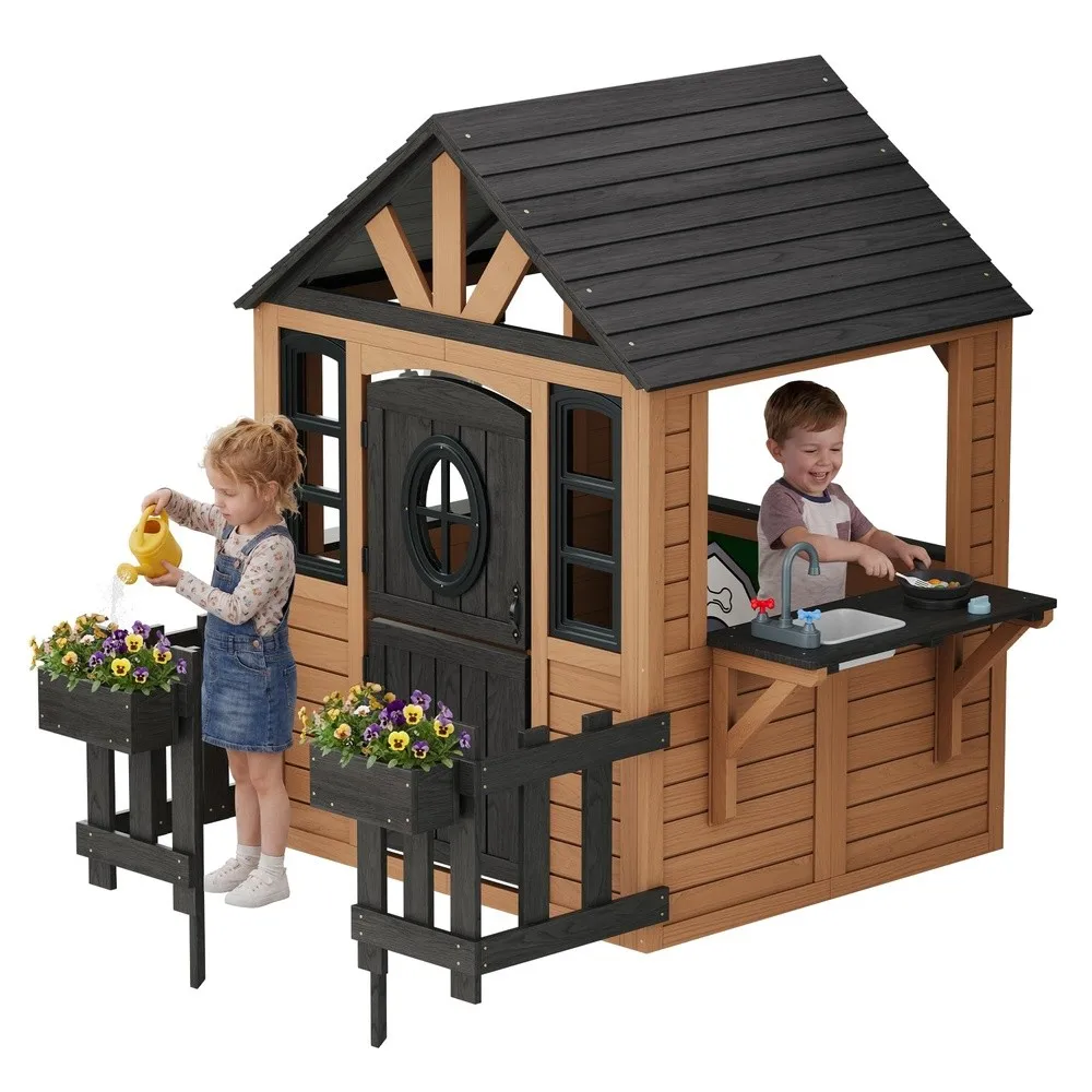 Outdoor Wooden Playhouse for Kids Backyard Cottage with Fence