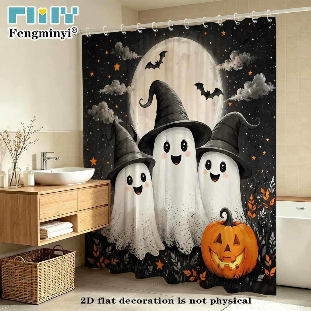 2D Flat, 2D Flat, 2D Flat Shower Curtain 1pc Halloween Shower Curtain Ghost Wearing Witch Hat And Smiling Pumpkin Full Night Bat