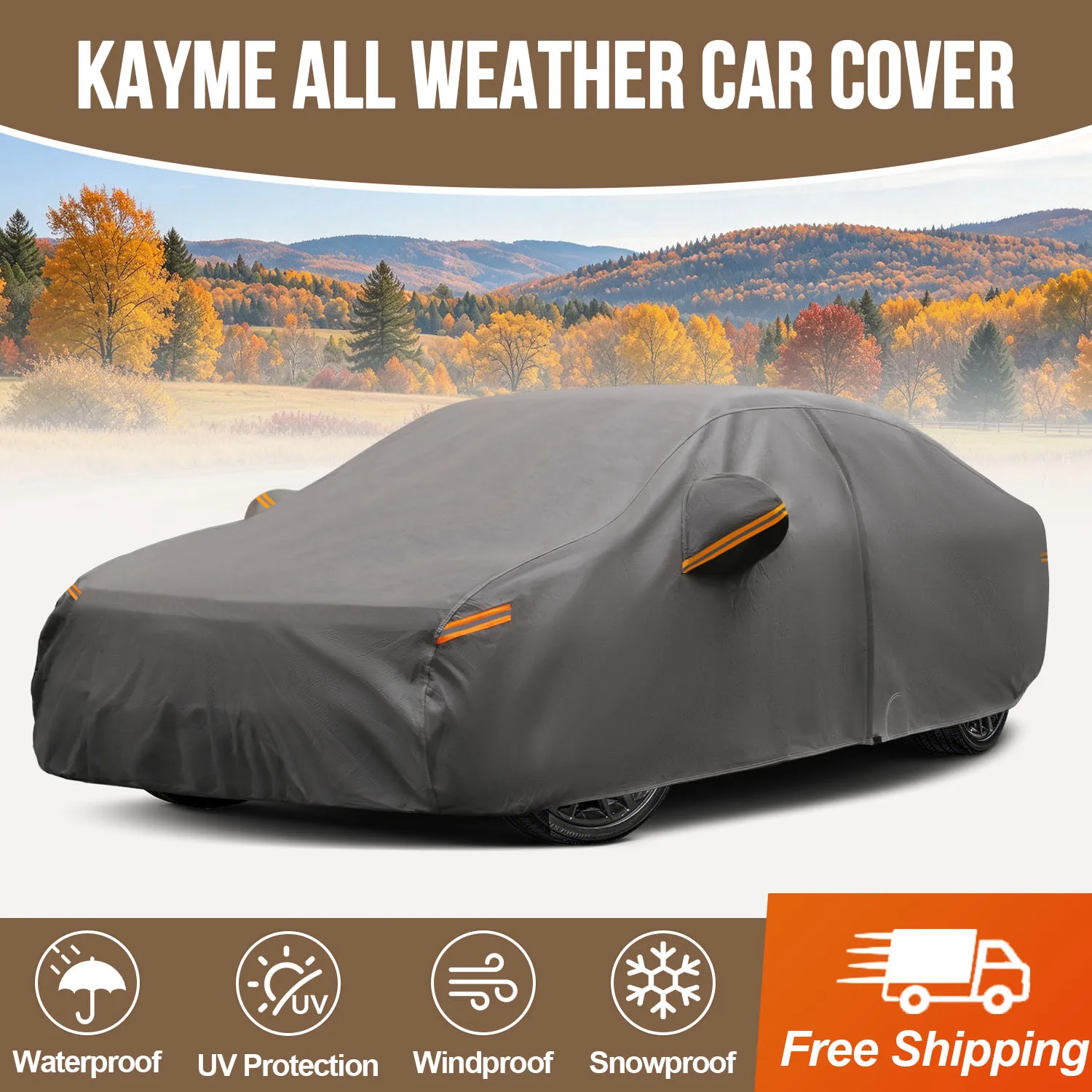 Kayme Heavy-duty Durable Car Cover – Universal Outdoor Waterproof Wind Rain Dust UV Cover With Reflective strips Soft Non-Woven Material with Cotton Lining