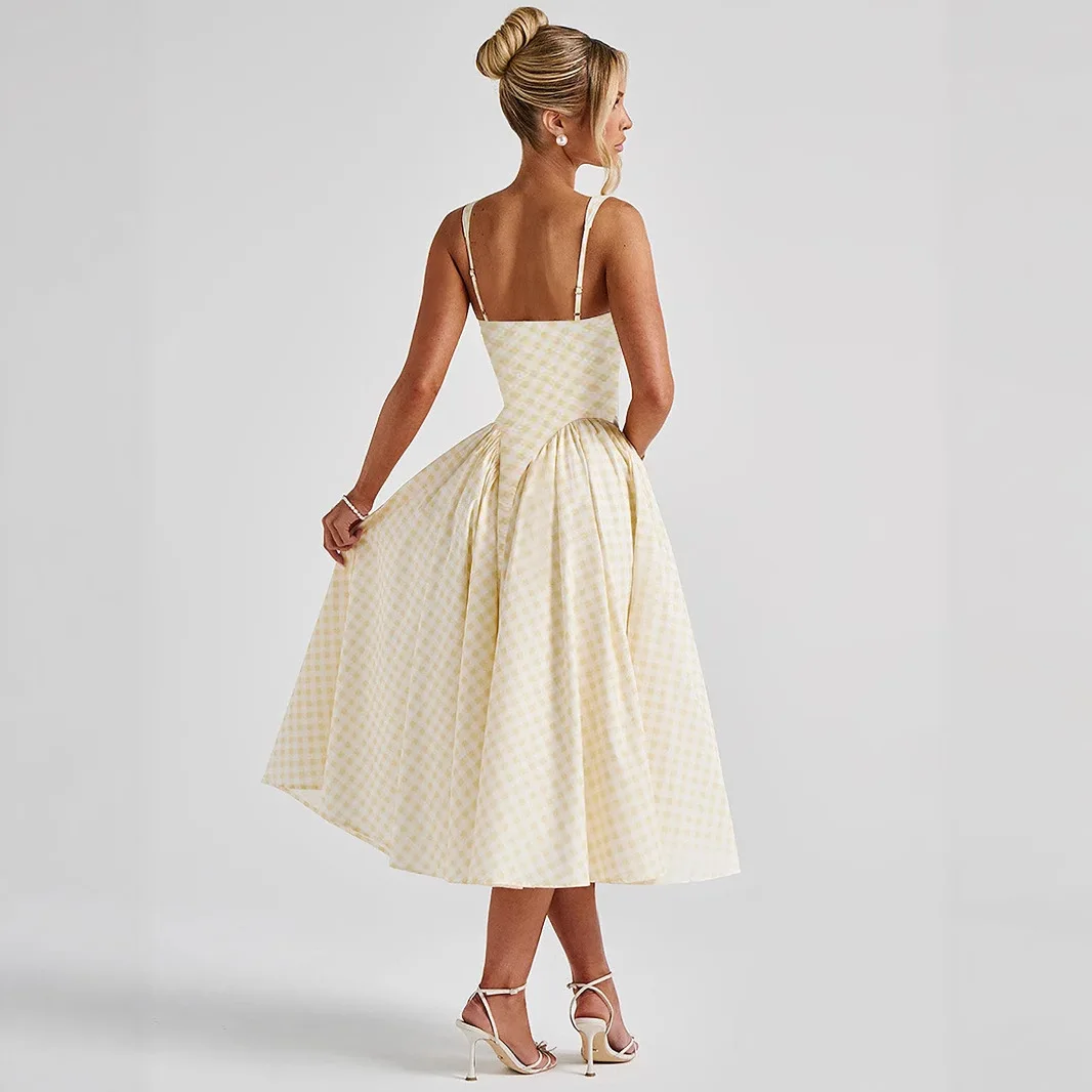 فستان الأميرة المألوف على الطراز الفرنسي الجديد منقوش بخصر مطبوع فستان قصير مثير بدون ظهر ملابس نسائية