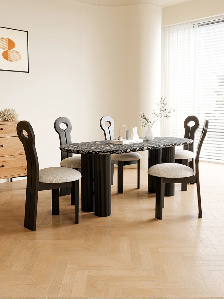 French retro marble dining table, oval shaped small household, high-end internet famous black and white terrazzo table