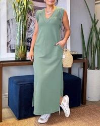 Women's Casual Straight Dress 2024 Temperament Solid Color V-Neck Pocket Design Loose Sleeveless Slit Midi Dress