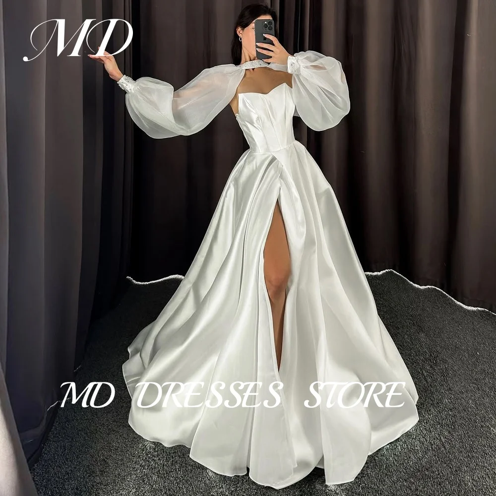 MD A-line Sweetheart Wedding Dress Illusion Side High Slit Bridal Gown Detachable Long Sleeves Vestido De Noiva Customized 2025