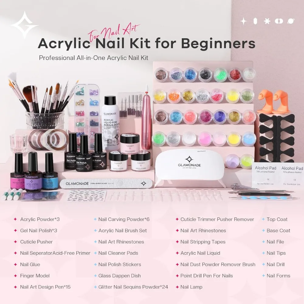 Kit d'ongles en acrylique pour débutant avec perceuse, lampe UV, vernis et outils pour usage domestique en salon