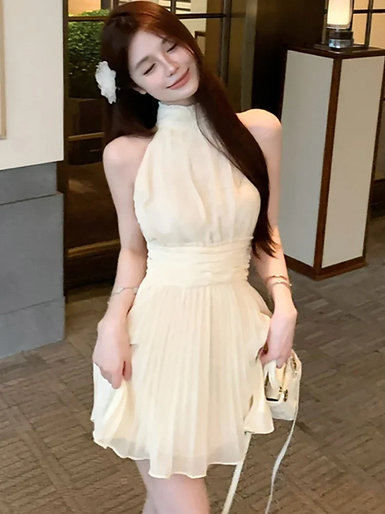

Women Elegant Neck-mounted Sexy Dress 2025 Korean Fashion Casual Kawaii Dresses Summer Green Chiffon Pleated Bodycon Mini Dress