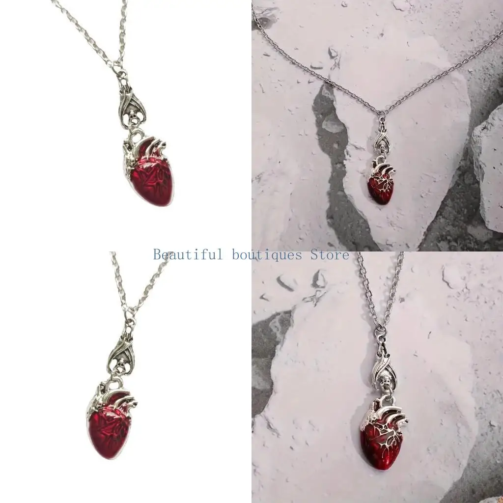 U4LF Gothic Vampires Bat Heart Pendant Necklace Fashionable Witch Jewelry Gifts