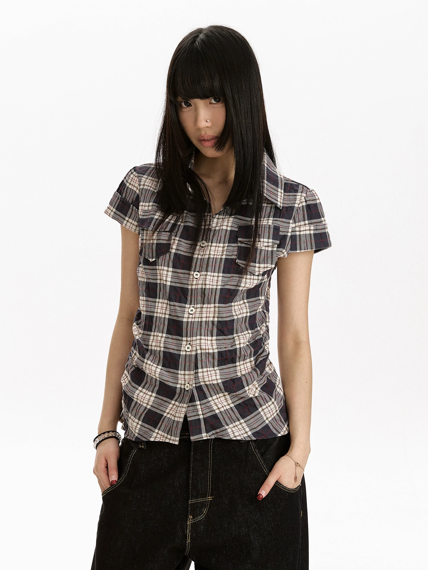 

Рубашка женская Apocket в стиле ретро, в клетку, с коротким рукавом, приталенная, с воротником, из дышащего хлопка, повседневная, винтажный стиль, модная