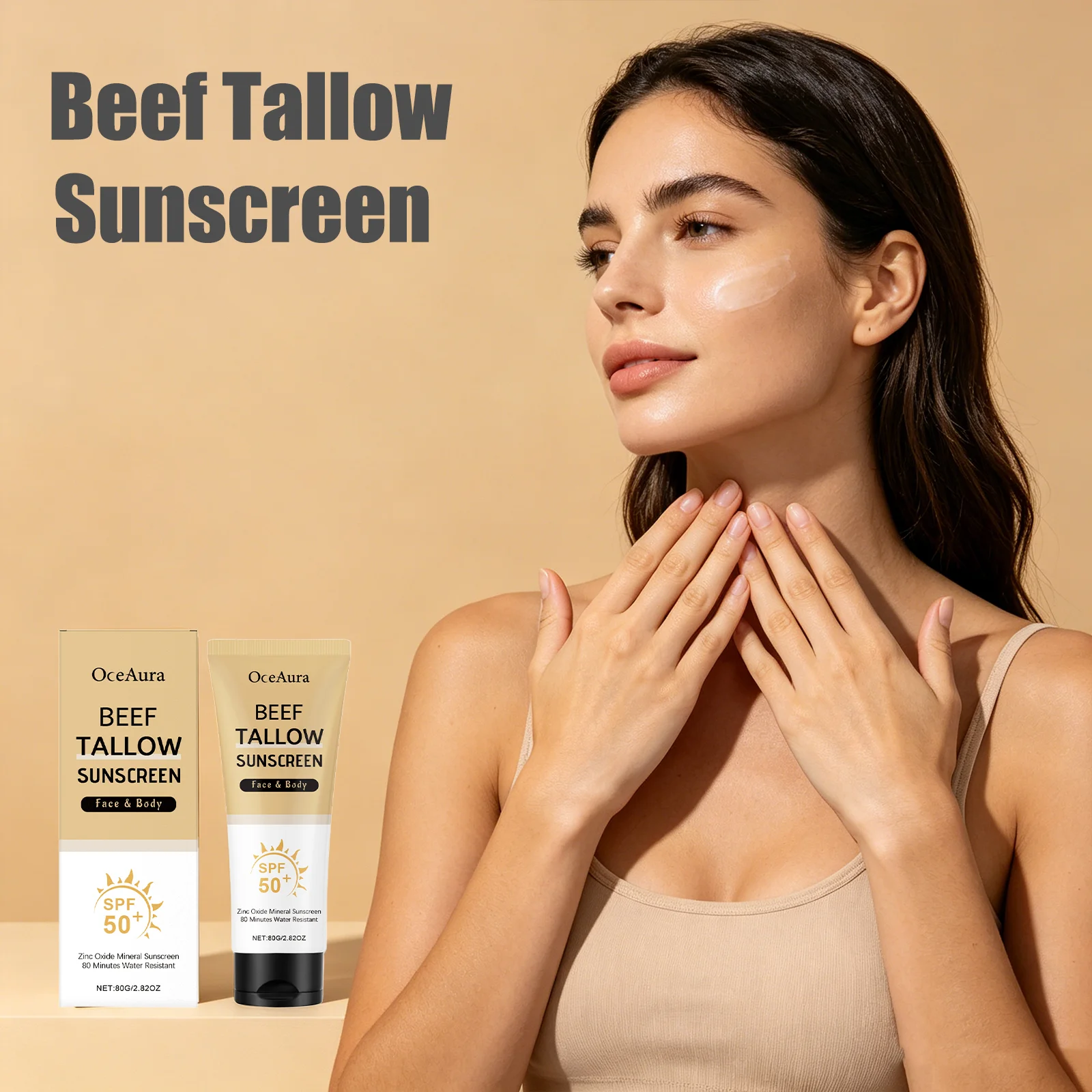 OceAura Beef Tallow Sunscreen Spf50 Broad Spectrum Uv Protection Waterproof Sweat Resistant Hydrating Sun Protective Lotion 80G
