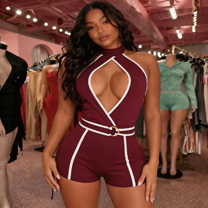 STYLISH LADY Burgundy Halter Neck Cutout Romper 2026 Summer Women Contrast Trim Belted Bodycon Shorts Playsuit Clubwear
