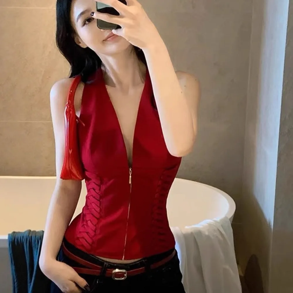 عميق الخامس الرقبة بلا أكمام المحاصيل الأعلى ربط حزام الخصر الكورية Ins Y2K الرسن سترة علوية سليم صالح شيك المرأة بروتيل الرقص #3