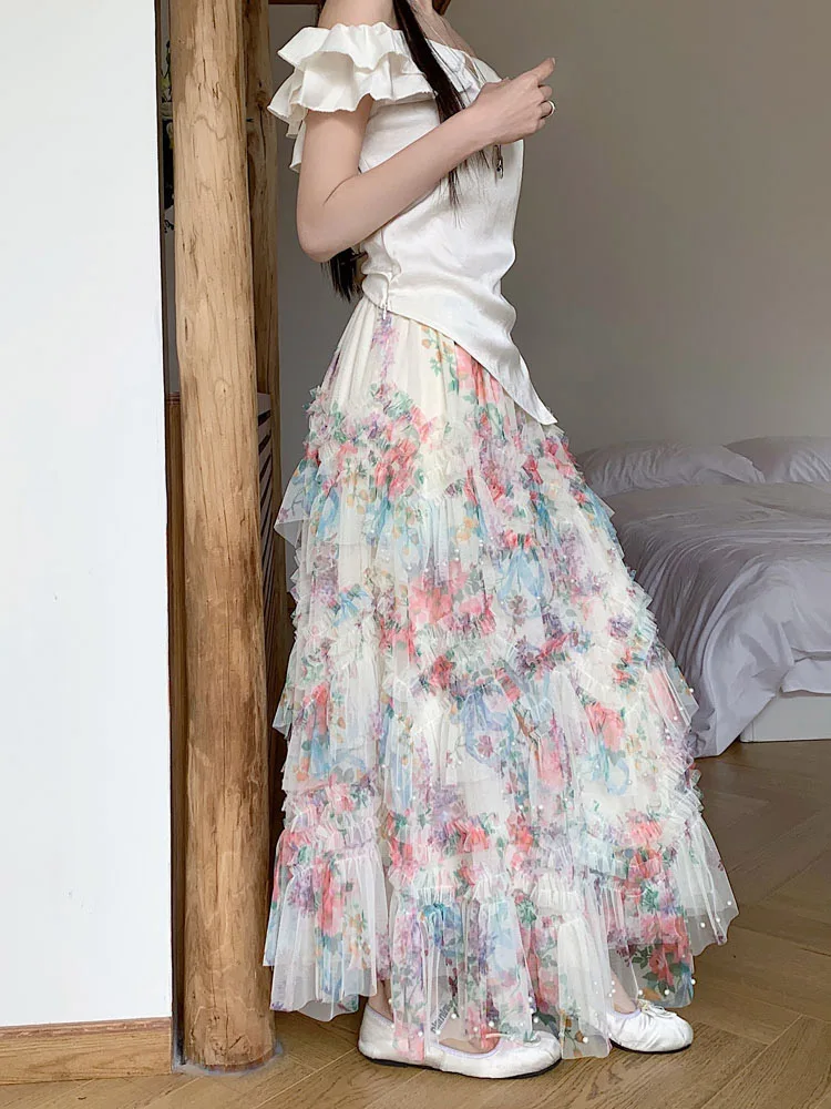

Summer New High Waist Floral Lace Splicing f Skirt Women's Sweet Cake Skirt Korean Sle with Inner Beaded Netting