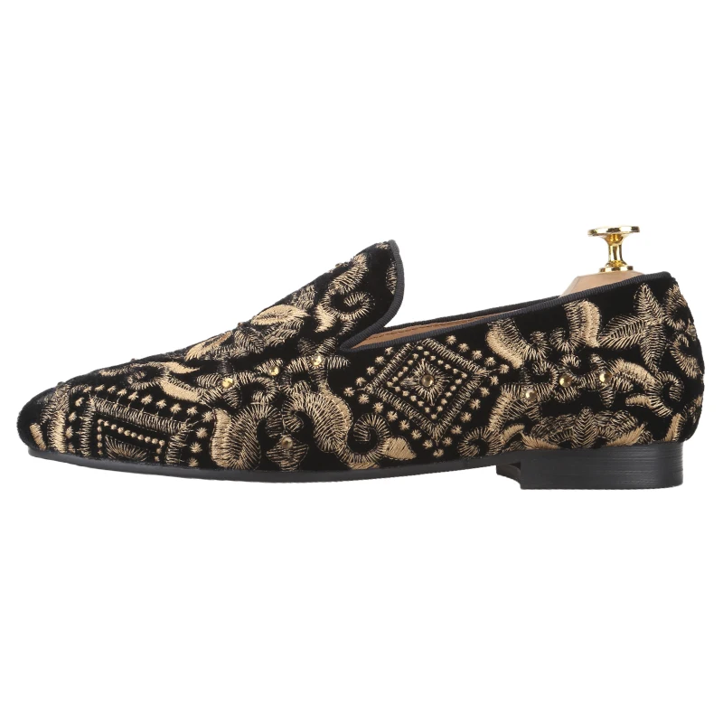 Piergitar 2025 Black Velvet With Handmade Gold Embroidery And Crystals Men's Loafers Chinese Royal Style Formal Slip-On Slippers