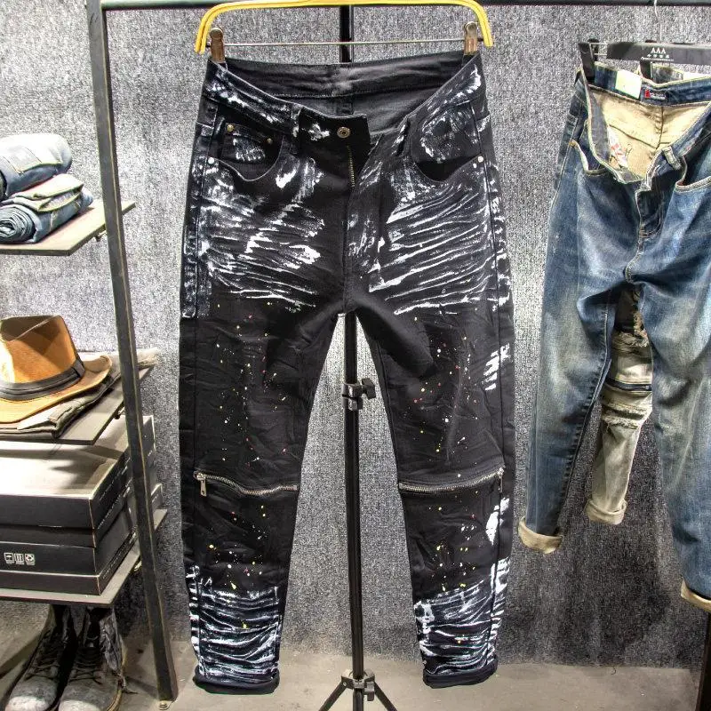 

Men's Black Denim Jeans in American Biker Style with Painted Zip Decoration, Slim Tapered Cut, Casual Street Style, Long Pants