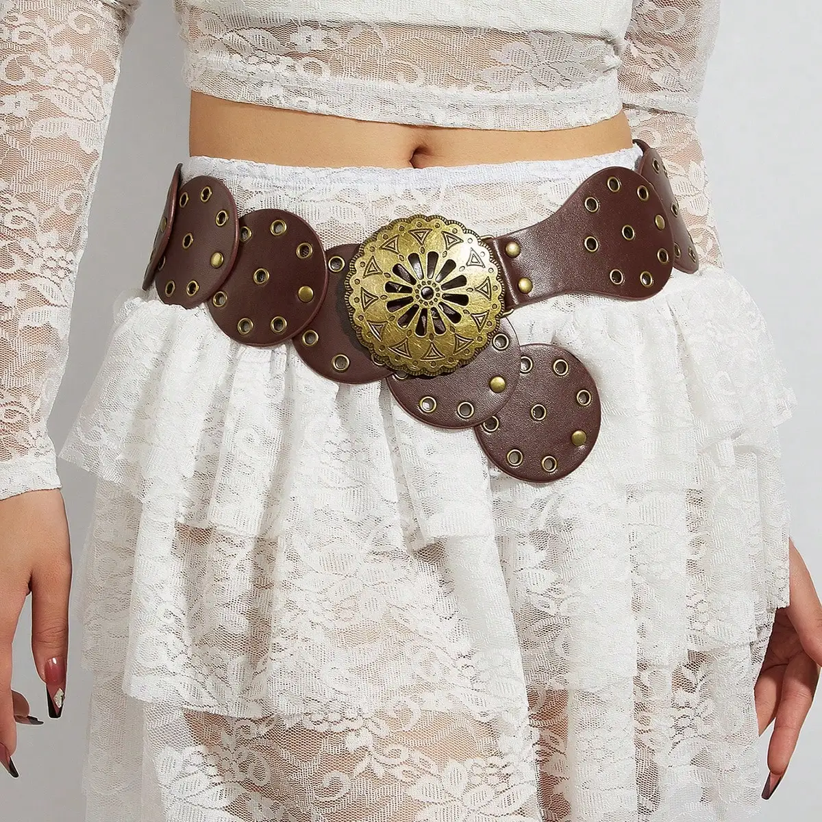 

Винтажный медно-коричневый ремень с резной круглой пряжкой, в богемном стиле, с вырезами и кофейными вставками, для девушек в стиле Y2K, для фестивалей на открытом воздухе