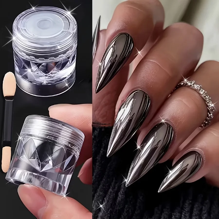 1 Caixa de Glitter Preto Super Mágico para Unhas, Holográfico Metálico Cromado, Pó para Decoração de Unhas