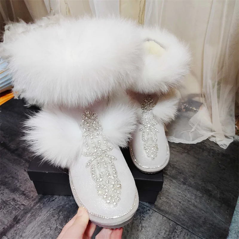 Fur one-piece boots Pearl handmade custom boots Winter plus wool fox hair boots women size 35-44