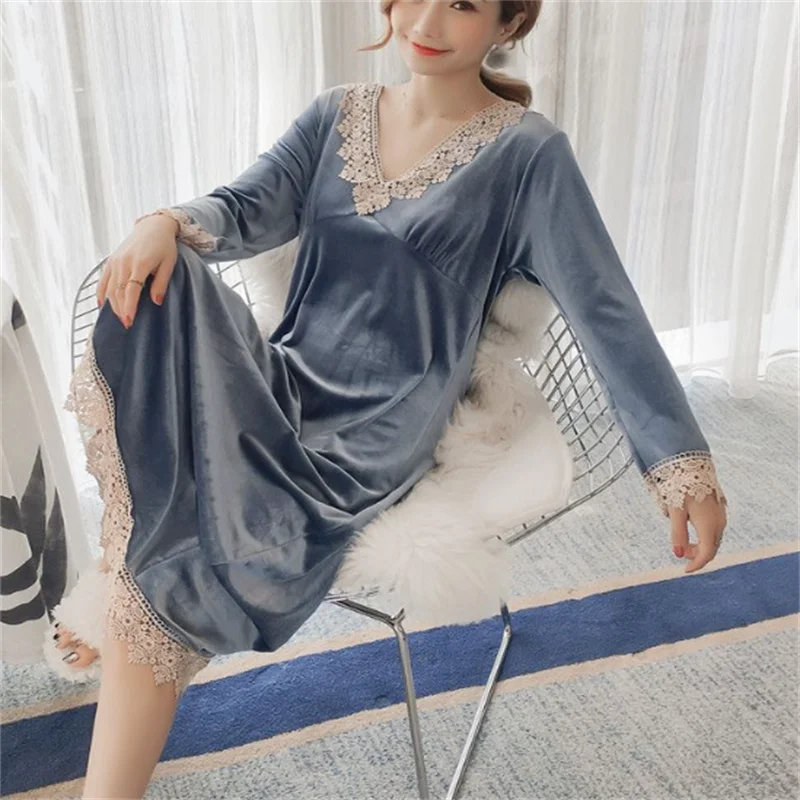 Fluffy Women's Pajamas Long Sleeved Dress Over-the-Knee Sweet Sexy Velvet Sleepwear Pajamas Home wear Sleeping Dress