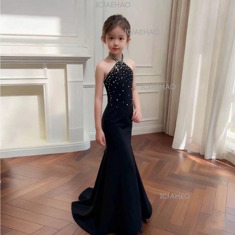 2026 Children Black Elegant Evening Long Dress Clothes Girls Mermaid Latin Model Piano Host Kids Pageant Party Gown Costume