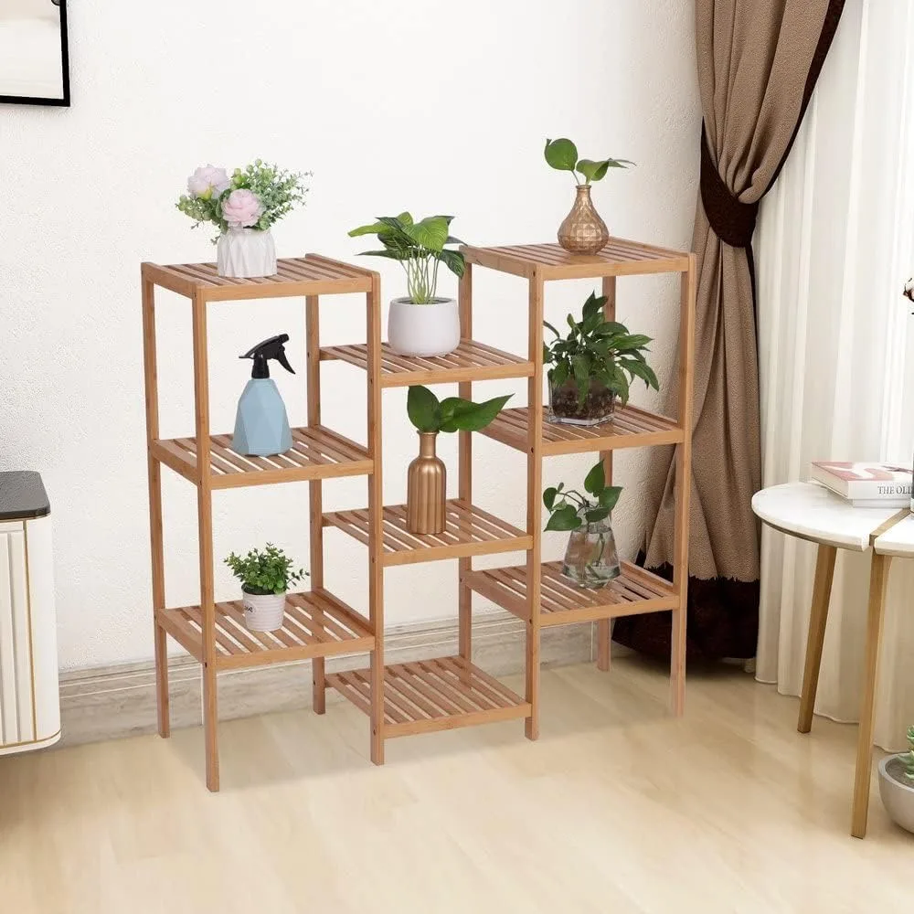 

Bamboo Plant Stand Shelf, Planter Shelves Flower Pot Organizer, Adjustable 9-Tier Storage Holder Display Rack for Indoor Outdoor