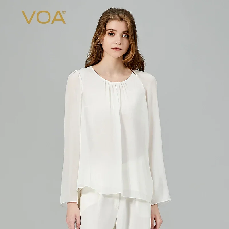 

VOA Silk Georgette White Round Neck Long Sleeve Three-dimensional Decoration Loose Simple Double Layer Silk T-shirt Women BE1363