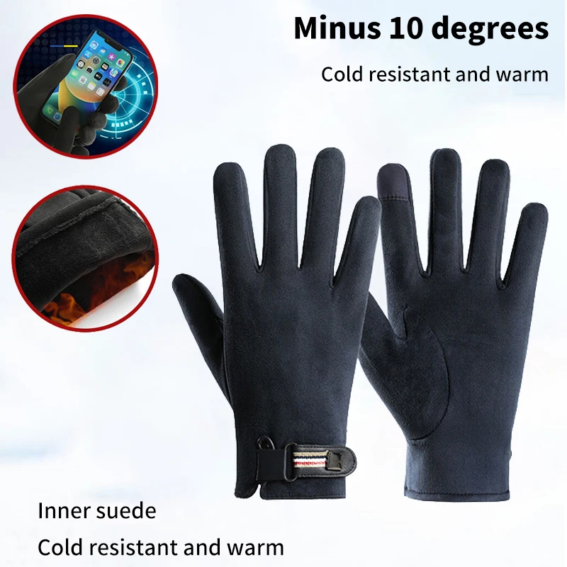 Touch Screen Cycling Gloves Winter Suede Leather Plush Insulation Split Finger Gloves Driving Ski Thickened Gloves Men