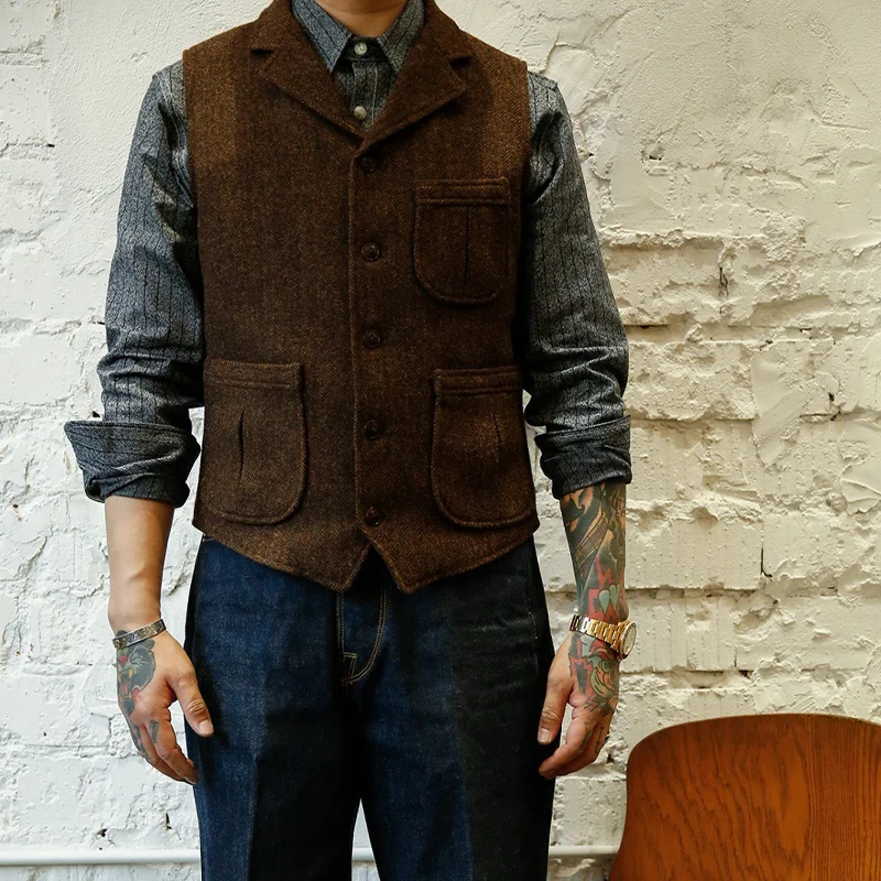 

Autumn and Winter Men's Khaki Retro Suit Vest, European and American Style Slim Fit Herringbone Warm Wool Vest, Large Size