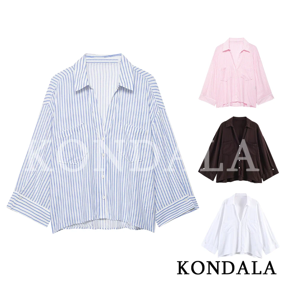 

KONDALA Women Casual Loose Shirts Commute Simple Versatile V-Neck Buttons Shirts 2026 Spring Summer Trendy Holidays Lady Shirts