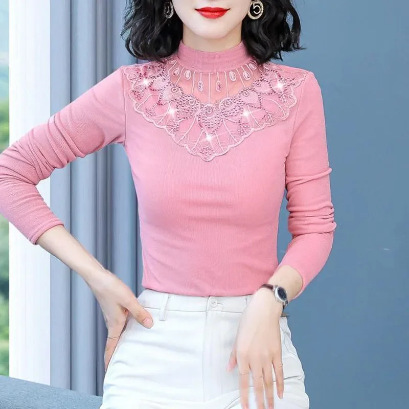 2023 جديد الخريف الدانتيل البطانة موضة عالية الرقبة العصرية الماس الرائعة الحرير الكلاسيكية ركاب كم طويل قميص متعدد الاستخدامات #4