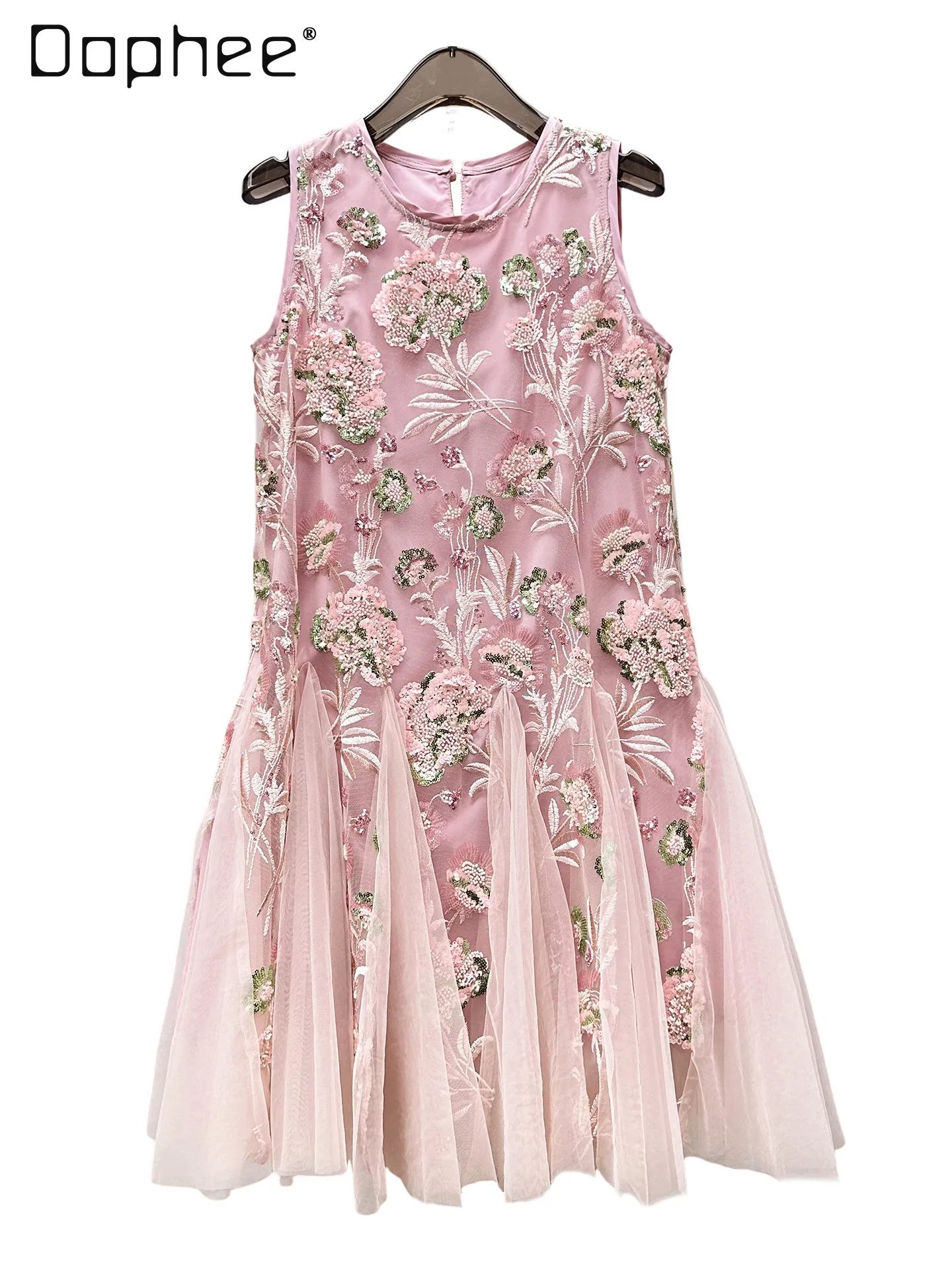 

Summer New Heavy Industry Beaded Rhinestone Flower Embroidered Sleeveless Dress Women Temperament Fairy Style Slim Mesh Dresses