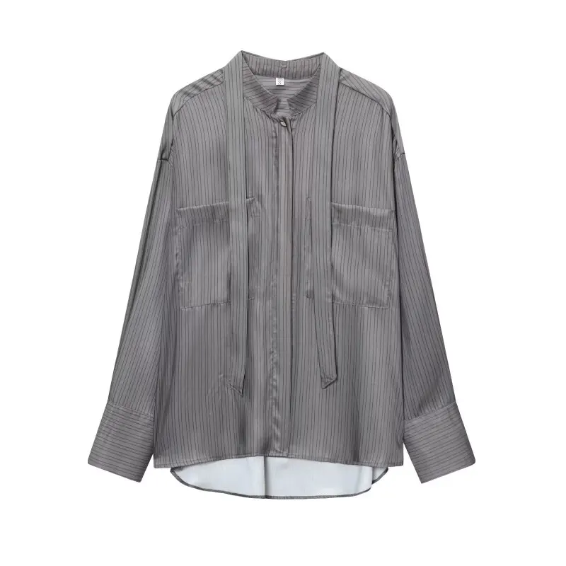 

Satin Stripe Shirt Bow Collar Gray Casual Women Summer Full Sleeves Office Lady Double Pocket Design Streetwear Tops