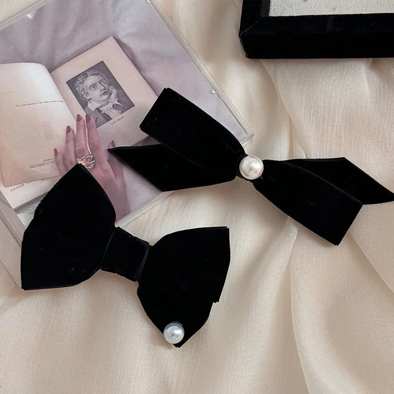 Korean Style Autumn and Winter Black Velvet Barrettes Sweet Pearl Bow Duckbill Clip All-Matching Bang Clip Accessories New