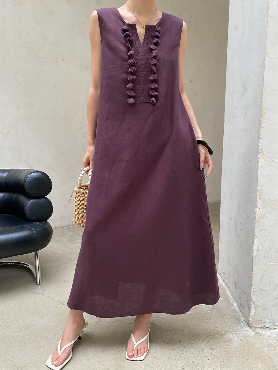 Sommerliches, lässiges, einfarbiges, ärmelloses Westenkleid für Damen mit V-Ausschnitt, Stickerei und Quasten – Detail 9