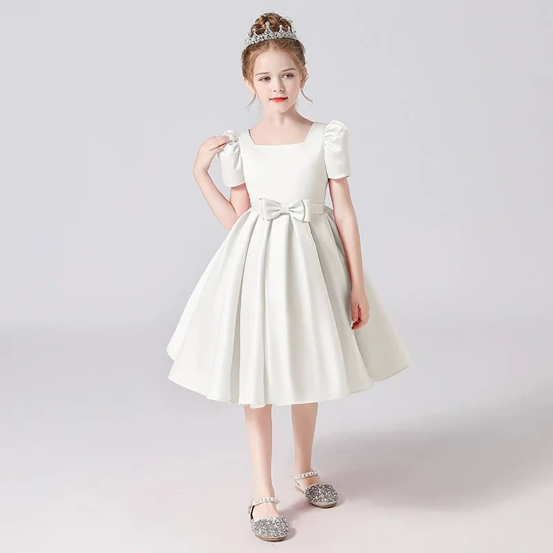 

It's Yiiya Customized Flower Girl Dress Ivory Satin Square Collar Short Sleeves Bow Pleat Knee-length Lace up Kids Gowns T009