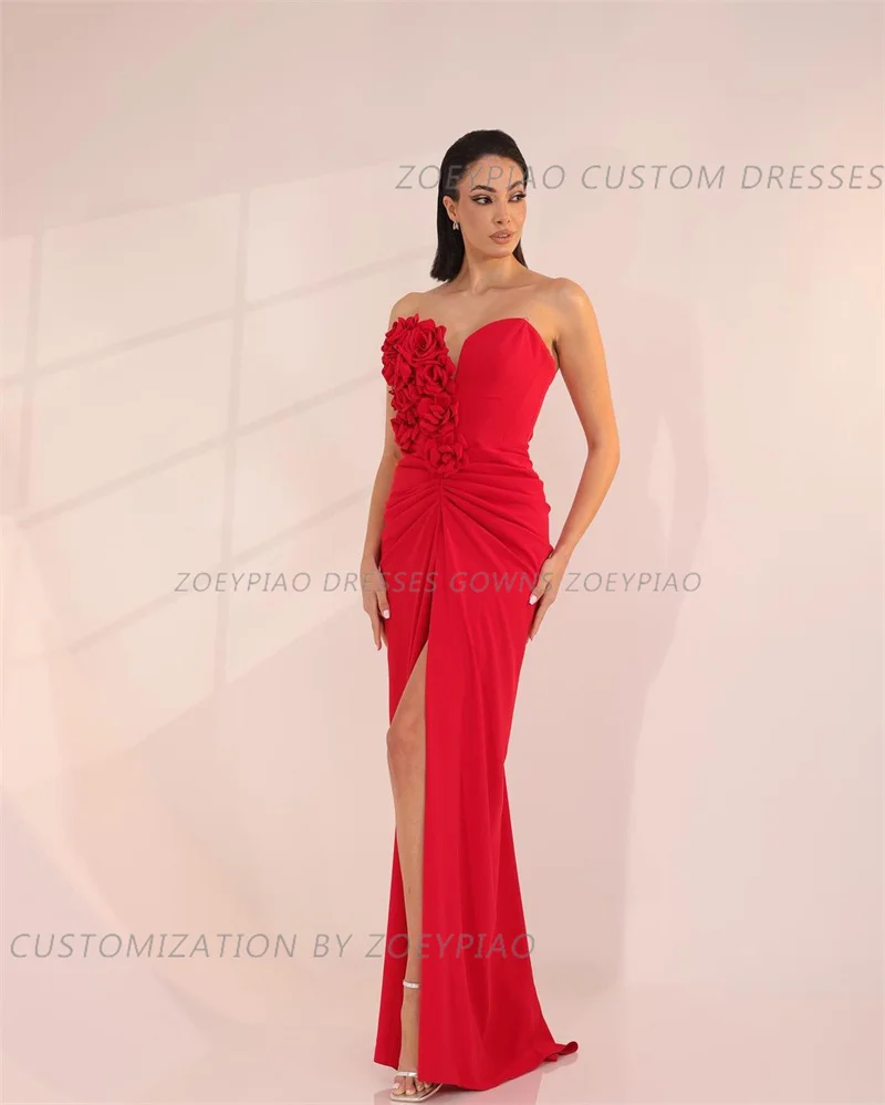 Elegant Red Satin Mermaid Evening Dresses For Women Front Slit Sleeveless 3D Flowers Party Long Luxury Prom Gowns