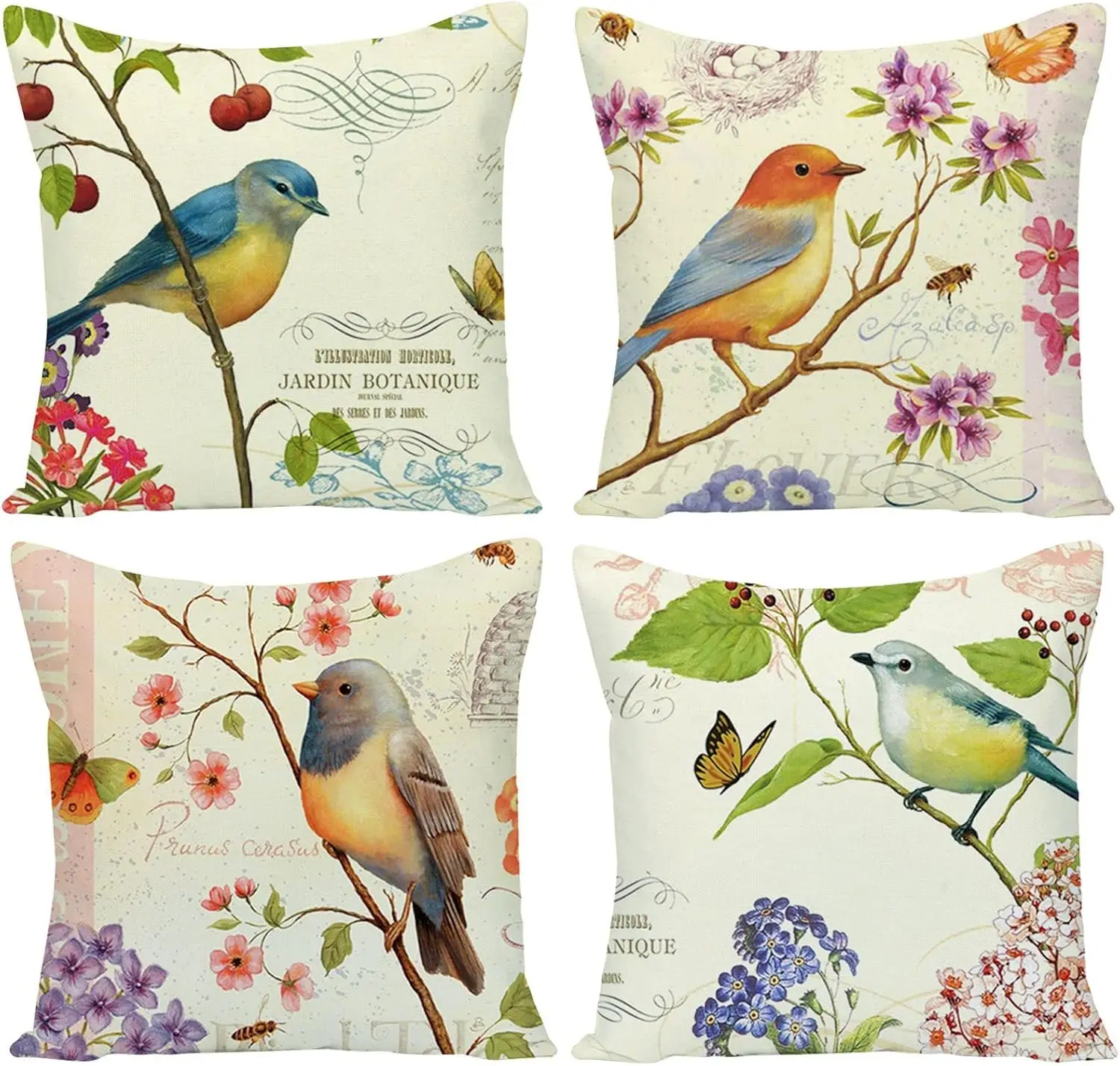 

Bird Flower Both Sides Printed Throw Pillowcase Set of 4, 18x18 Outdoor Spring Cushion Cover for Patio Couch Sofa