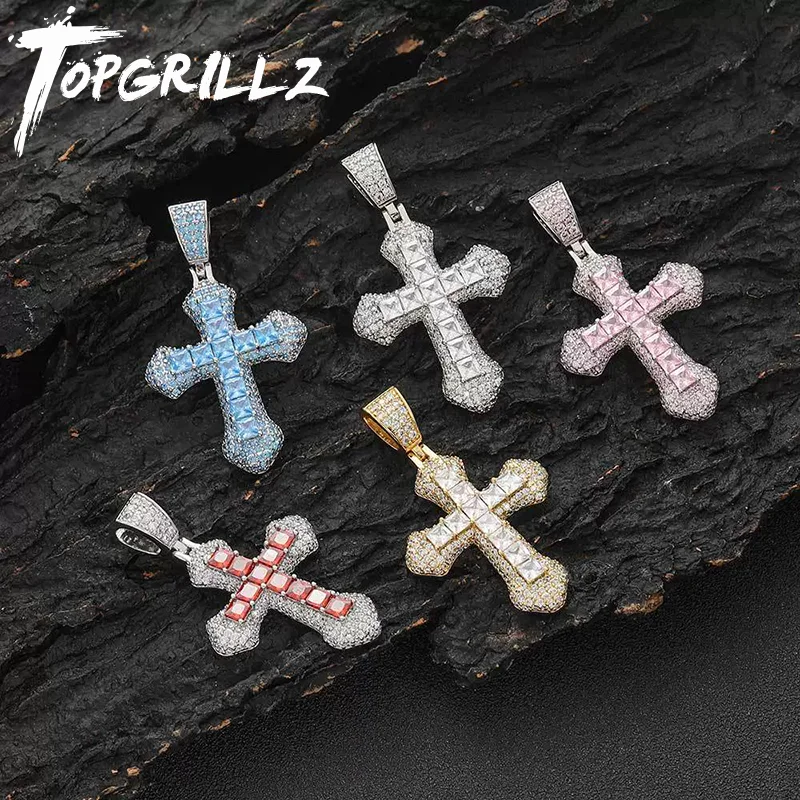 TOPGRILLZ Iced Out Bling Cubic Zirconia Kreuz-Anhänger, bunte rechteckige CZ-Steine, Halskette für Männer und Frauen, Charm-Schmuck