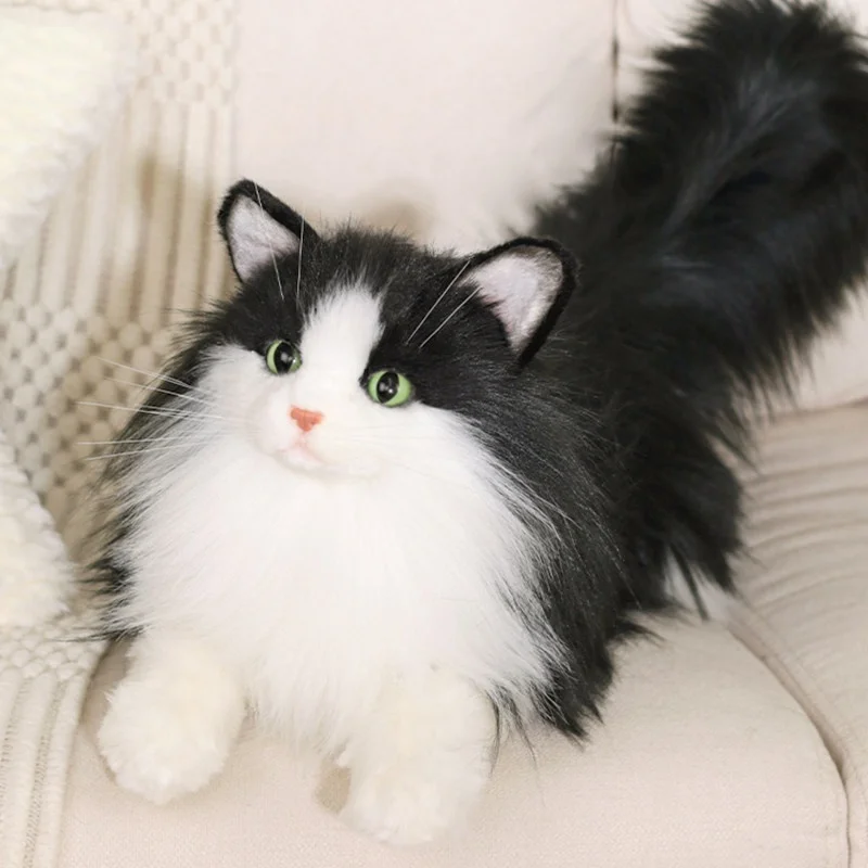 Simulation Black White Cat Plush Toy Realistic Stuffed Animal Soft Doll Home Decor Birthday Gift For Women