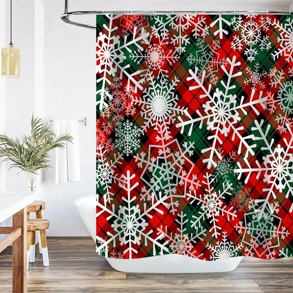Winter Snowflake Shower Curtain Merry Christmas Bathroom Curtains,Red Green Grid Buffalo Check Plaids Big Small Snowflakes Merry
