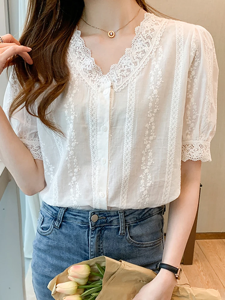 Summer Short Sleeve White Blouse Women Lace V-Neck Blouse Shirt Blusas Mujer De Moda 2024 Verano Women Tops Blouses Shirts F452