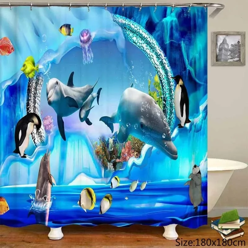 Ocean Shower Curtain Liner Sea Theme with Hooks, Washable Dolphin, Waterproof, Bathroom Decor