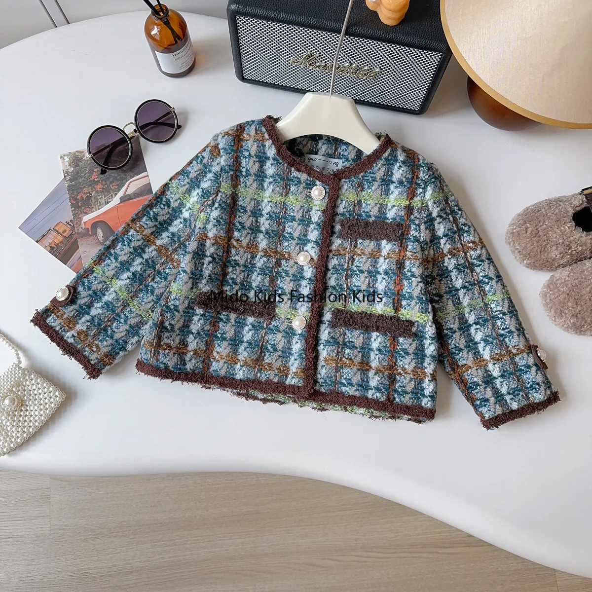 Girls little fragrant wind jacket spring and autumn new baby girl foreign fashion plaid long-sleeved jacket 90-140cm