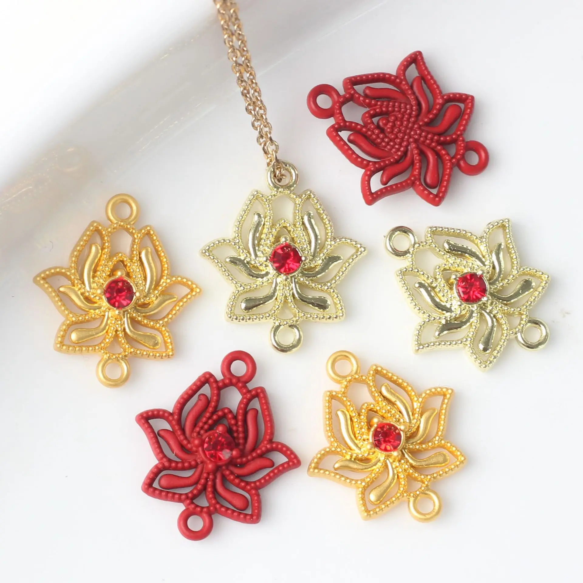 

10Pcs/pack Simple Alloy Chinese Style Zircon Inlaid Lotus Connector Pendant DIY Bracelets Necklaces Jewelry Accessories