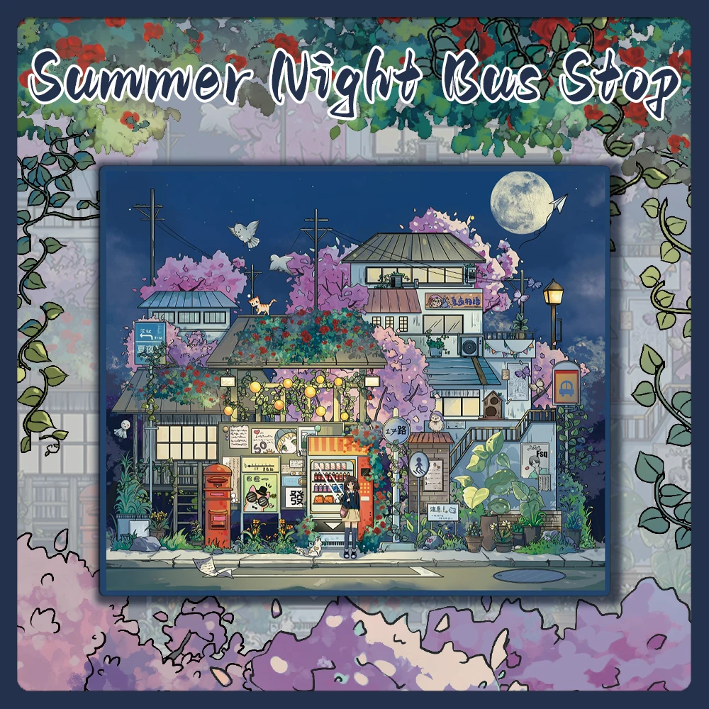 4PCS Creative 3D Miniature Shrinks Summer Night Bus Station Landscapes, Small and Unraveling PET Transparent Material Stickers