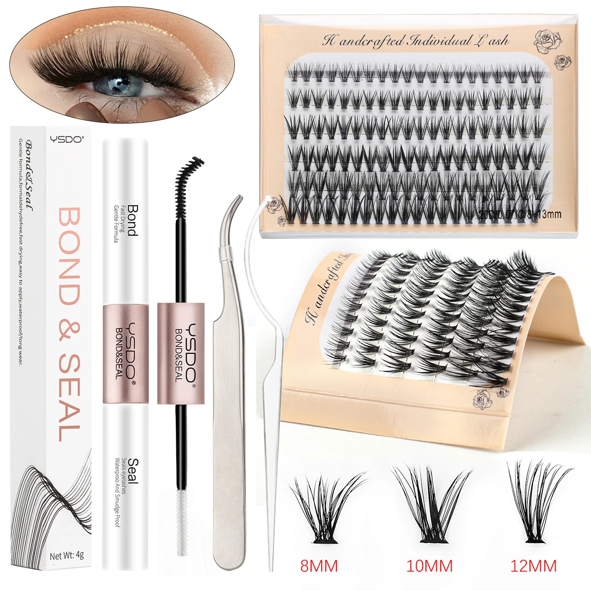 DIY Lash Extension Kit Mix Styles Individual Lash Clusters with Bond&Seal Remover Tweezers Lash Brush eye Makeup Tool maquillaje