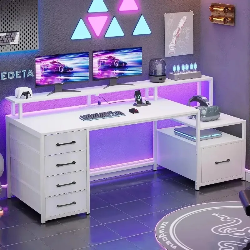 White Computer Desk with 5 Drawer & Power Outlet, 66'' Home Office Desk with File Drawer, Storage Shelves, Gaming Desk