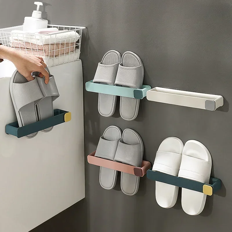 Bathroom Slipper Shelf No Punching Wall Mounted One Piece Shoe Rack Space Saving Shelf Bathroom Hanging Bathroom Storage